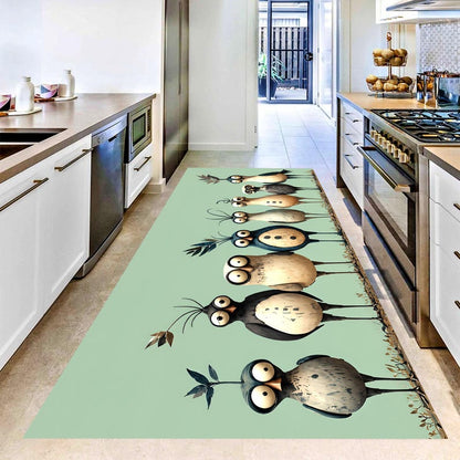 Whimsical Bird Runner Rug: Mint Green Quirky Owl Hallway Carpet, Non-Slip Machine-Washable