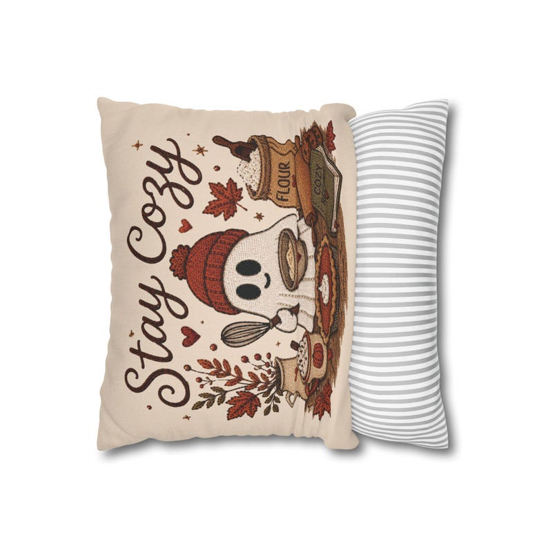 Stay Cosy Ghost Pillowcase | Beige Halloween Throw Pillowcase | Cute Spooky Fall Home Decor| Spooky season decor| Baking ghost pillowcase
