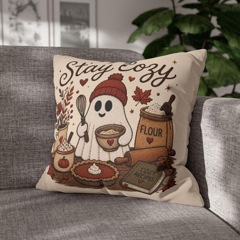 Stay Cosy Ghost Pillowcase | Beige Halloween Throw Pillowcase | Cute Spooky Fall Home Decor| Spooky season decor| Baking ghost pillowcase