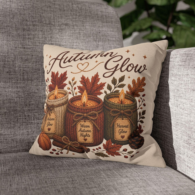 Autumn Glow Candles Pillowcase | Beige Fall Throw Pillowcase | Cozy Farmhouse Autumn Home Decor| Candle pillow cover| Fall pillow case gift