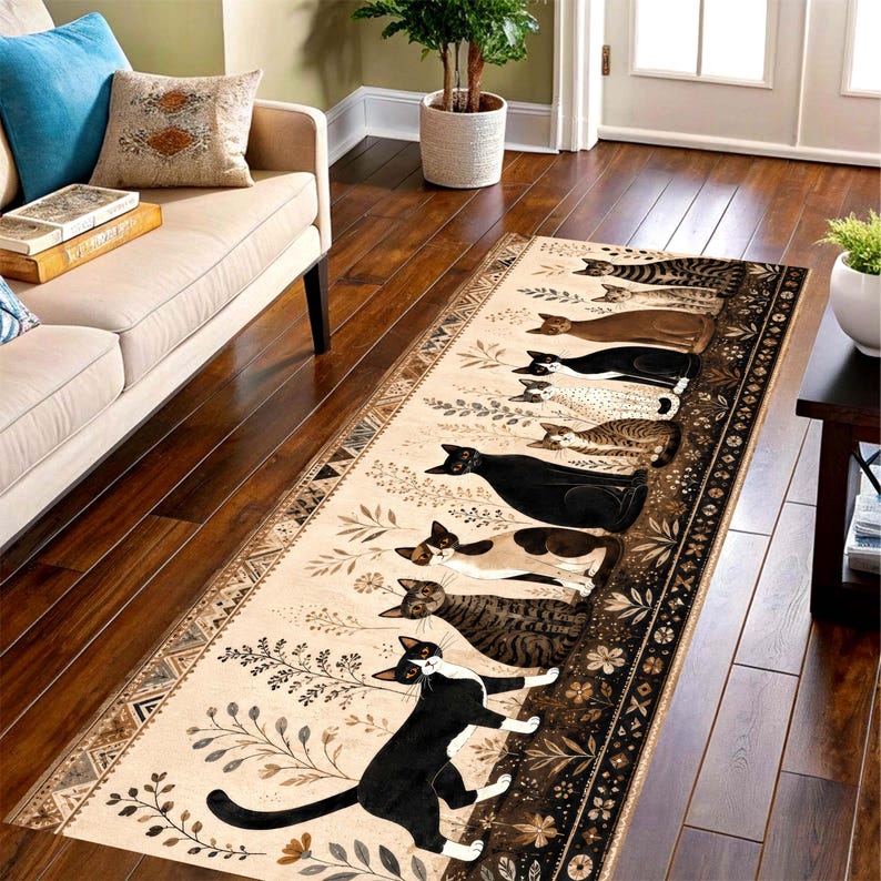 Whimsical Cat Runner Rug: Folk Art Feline Hallway Carpet, Non-Slip Machine-Washable