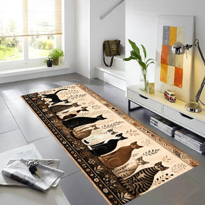 Whimsical Cat Runner Rug: Folk Art Feline Hallway Carpet, Non-Slip Machine-Washable