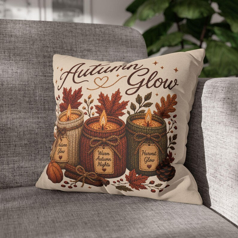 Autumn Glow Candles Pillowcase | Beige Fall Throw Pillowcase | Cozy Farmhouse Autumn Home Decor| Candle pillow cover| Fall pillow case gift