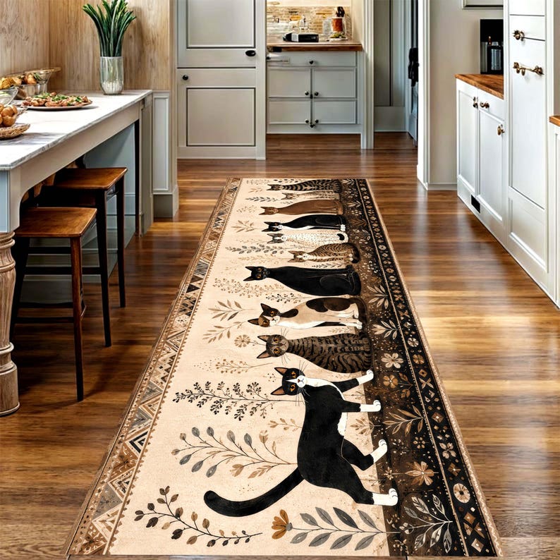 Whimsical Cat Runner Rug: Folk Art Feline Hallway Carpet, Non-Slip Machine-Washable