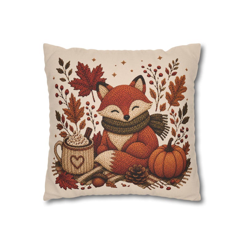 Cosy Fox Pillowcase | Beige Woodland Throw Pillowcase | Cute Autumn Farmhouse Home Decor| Fall pillow cover| Fall leaves and animal decor