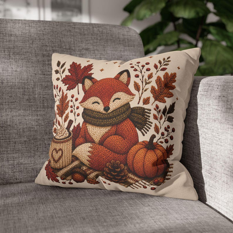 Cosy Fox Pillowcase | Beige Woodland Throw Pillowcase | Cute Autumn Farmhouse Home Decor| Fall pillow cover| Fall leaves and animal decor