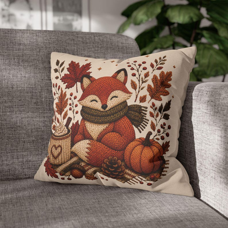 Cosy Fox Pillowcase | Beige Woodland Throw Pillowcase | Cute Autumn Farmhouse Home Decor| Fall pillow cover| Fall leaves and animal decor