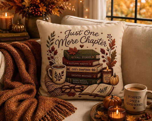 Just One More Chapter Pillowcase |Beige Bookish Throw Pillow cover | Cozy Reading Room Decor|Fall decor| Bookish pillowcase| Book lover gift
