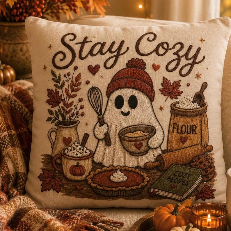 Stay Cosy Ghost Pillowcase | Beige Halloween Throw Pillowcase | Cute Spooky Fall Home Decor| Spooky season decor| Baking ghost pillowcase