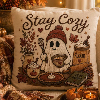 Stay Cosy Ghost Pillowcase | Beige Halloween Throw Pillowcase | Cute Spooky Fall Home Decor| Spooky season decor| Baking ghost pillowcase