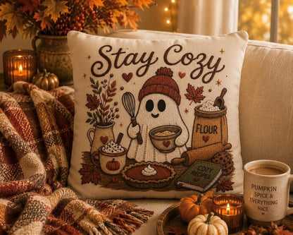 Stay Cosy Ghost Pillowcase | Beige Halloween Throw Pillowcase | Cute Spooky Fall Home Decor| Spooky season decor| Baking ghost pillowcase