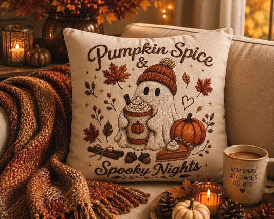 Pumpkin Spice & Spooky Nights Pillowcase| Beige Halloween Throw Pillow cover |Cozy Fall Home Decor|Thanksgiving ghost pillowcase| Fall decor