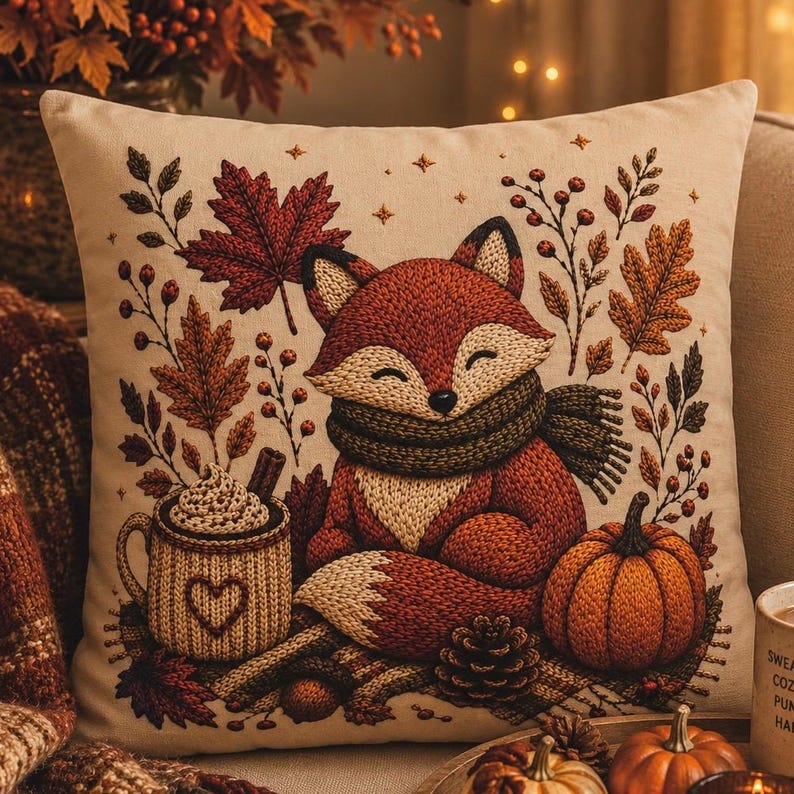 Cosy Fox Pillowcase | Beige Woodland Throw Pillowcase | Cute Autumn Farmhouse Home Decor| Fall pillow cover| Fall leaves and animal decor