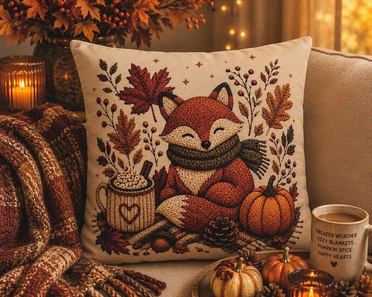 Cosy Fox Pillowcase | Beige Woodland Throw Pillowcase | Cute Autumn Farmhouse Home Decor| Fall pillow cover| Fall leaves and animal decor