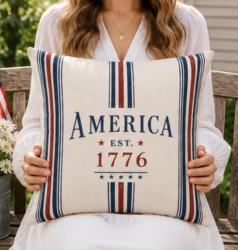 Striped America 1776 Pillow Cover, Patriotic Farmhouse Throw Pillowcase, Vintage Americana Home Accent Decor, July 4th Cushion Case Gift
