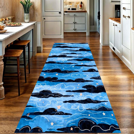 Blue Night Sky Runner Rug: Black Cloud Celestial Star Carpet, Machine-Washable Non-Slip