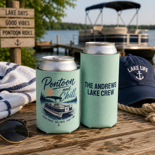 Personalized Pontoon and Chill Can Cooler, Lake Crew, Family Lake Vacation Drink Sleeve, Matching Family Lake Shirts, Pontoon Party