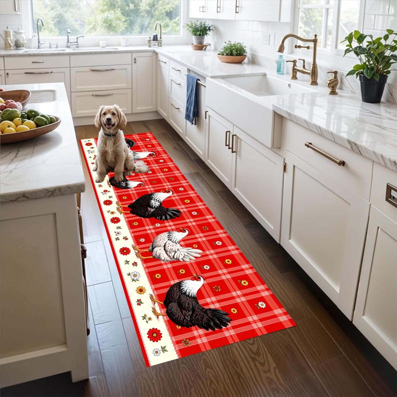 Rooster Chicken Runner Rug: Farmhouse Red Plaid Kitchen Carpet, Non-Slip Machine-Washable