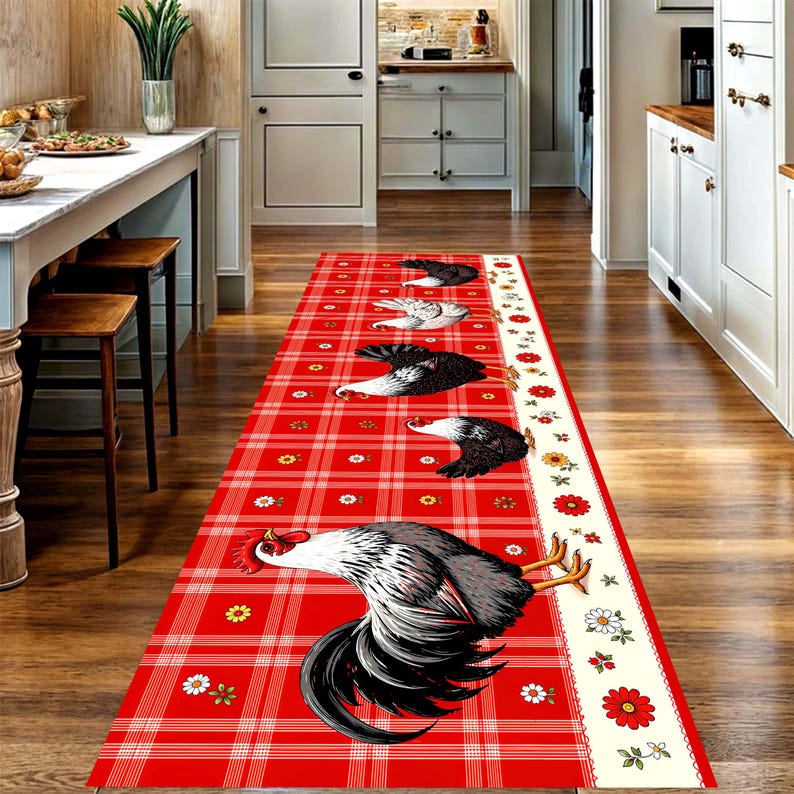 Rooster Chicken Runner Rug: Farmhouse Red Plaid Kitchen Carpet, Non-Slip Machine-Washable