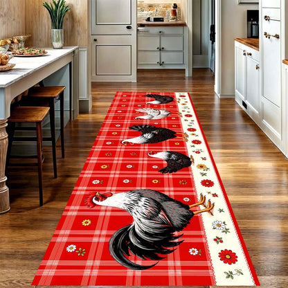 Rooster Chicken Runner Rug: Farmhouse Red Plaid Kitchen Carpet, Non-Slip Machine-Washable