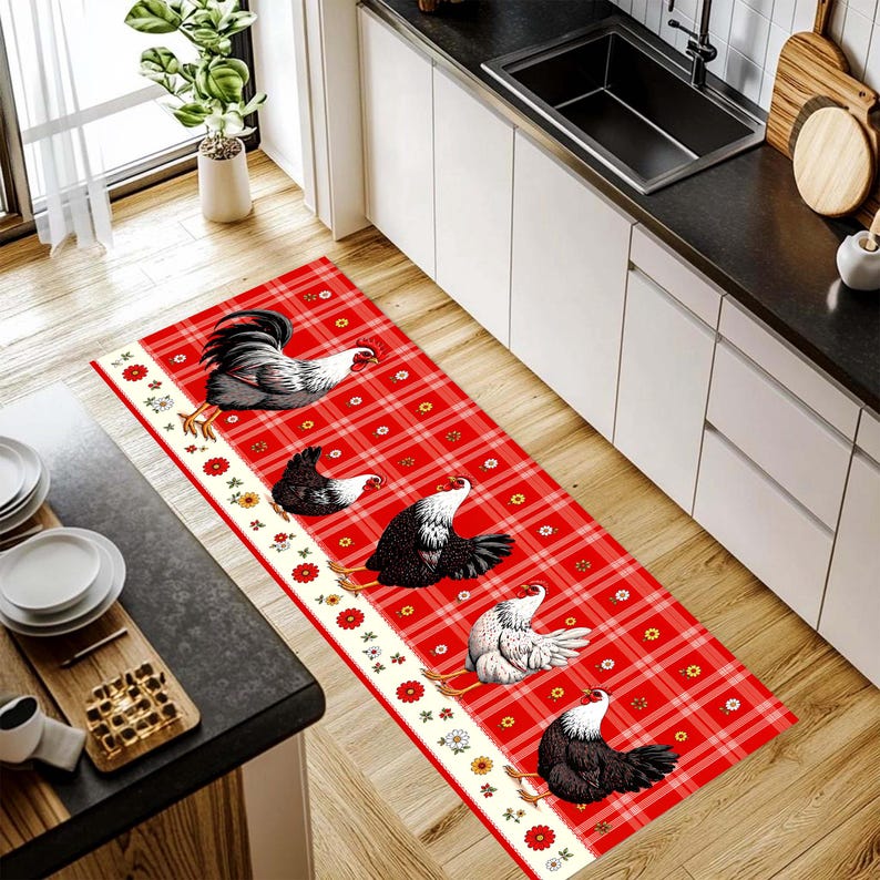 Rooster Chicken Runner Rug: Farmhouse Red Plaid Kitchen Carpet, Non-Slip Machine-Washable