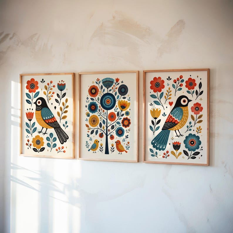Scandinavian Folk Art Bird Prints, Whimsical Nursery Wall Art Set of 3, Playful Hygge Pattern Poster, Nordic Floral Panels, Rosemaling Decor