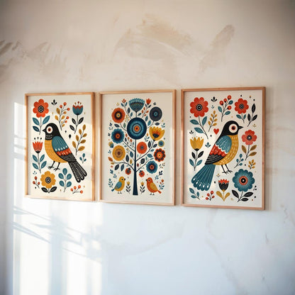 Scandinavian Folk Art Bird Prints, Whimsical Nursery Wall Art Set of 3, Playful Hygge Pattern Poster, Nordic Floral Panels, Rosemaling Decor