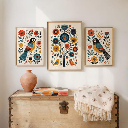 Scandinavian Folk Art Bird Prints, Whimsical Nursery Wall Art Set of 3, Playful Hygge Pattern Poster, Nordic Floral Panels, Rosemaling Decor