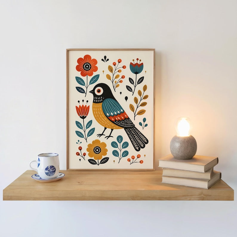 Scandinavian Folk Art Bird Prints, Whimsical Nursery Wall Art Set of 3, Playful Hygge Pattern Poster, Nordic Floral Panels, Rosemaling Decor
