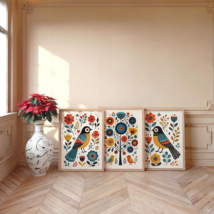 Scandinavian Folk Art Bird Prints, Whimsical Nursery Wall Art Set of 3, Playful Hygge Pattern Poster, Nordic Floral Panels, Rosemaling Decor