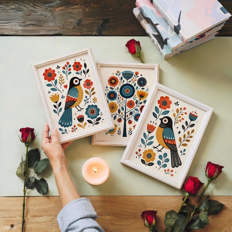 Scandinavian Folk Art Bird Prints, Whimsical Nursery Wall Art Set of 3, Playful Hygge Pattern Poster, Nordic Floral Panels, Rosemaling Decor