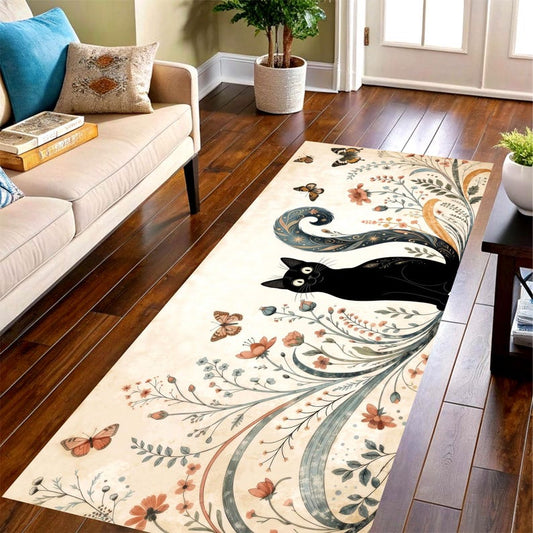 Whimsical Black Cat Runner Rug: Botanical Floral Hallway Carpet, Non-Slip Machine-Washable