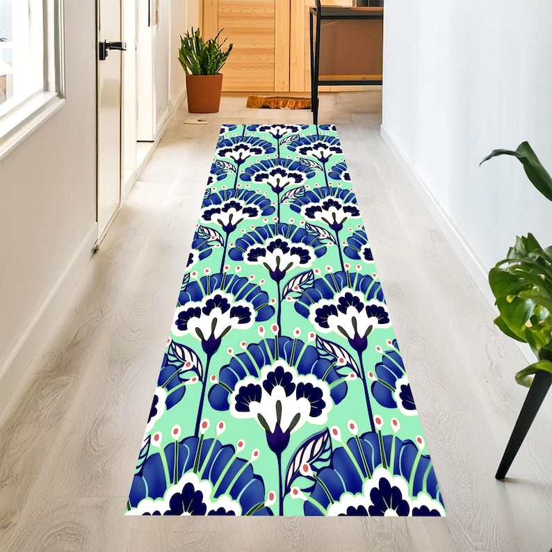 Mint Teal Floral Runner Rug: Blue White Botanical Hallway Carpet, Non-Slip Machine-Washable