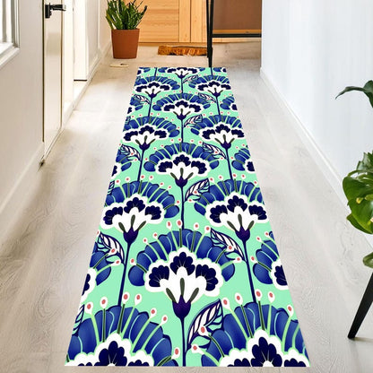 Mint Teal Floral Runner Rug: Blue White Botanical Hallway Carpet, Non-Slip Machine-Washable