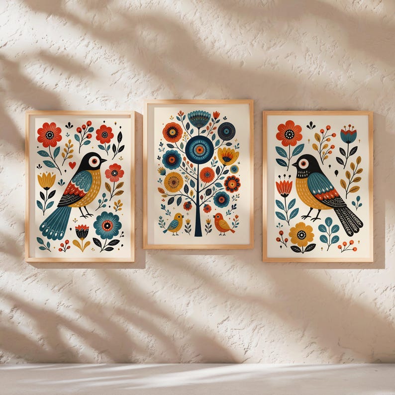 Scandinavian Folk Art Bird Prints, Whimsical Nursery Wall Art Set of 3, Playful Hygge Pattern Poster, Nordic Floral Panels, Rosemaling Decor