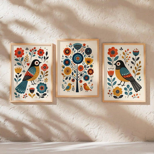 Scandinavian Folk Art Bird Prints, Whimsical Nursery Wall Art Set of 3, Playful Hygge Pattern Poster, Nordic Floral Panels, Rosemaling Decor
