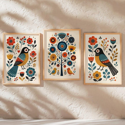 Scandinavian Folk Art Bird Prints, Whimsical Nursery Wall Art Set of 3, Playful Hygge Pattern Poster, Nordic Floral Panels, Rosemaling Decor