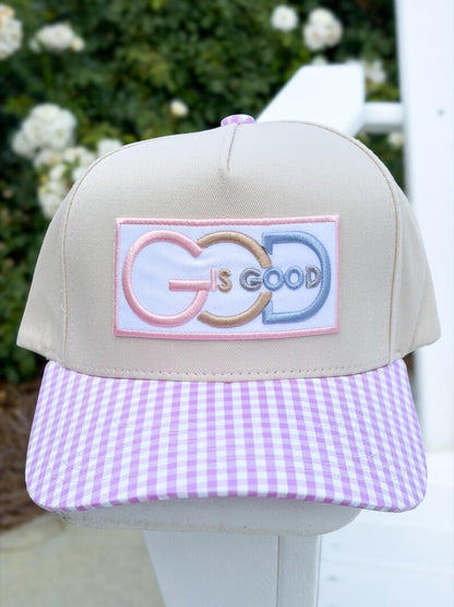 God Is Good Gingham Pattern Trucker Hat - Christian Embroidered Trucker Hat - Faith-Based Preppy Gingham Brim