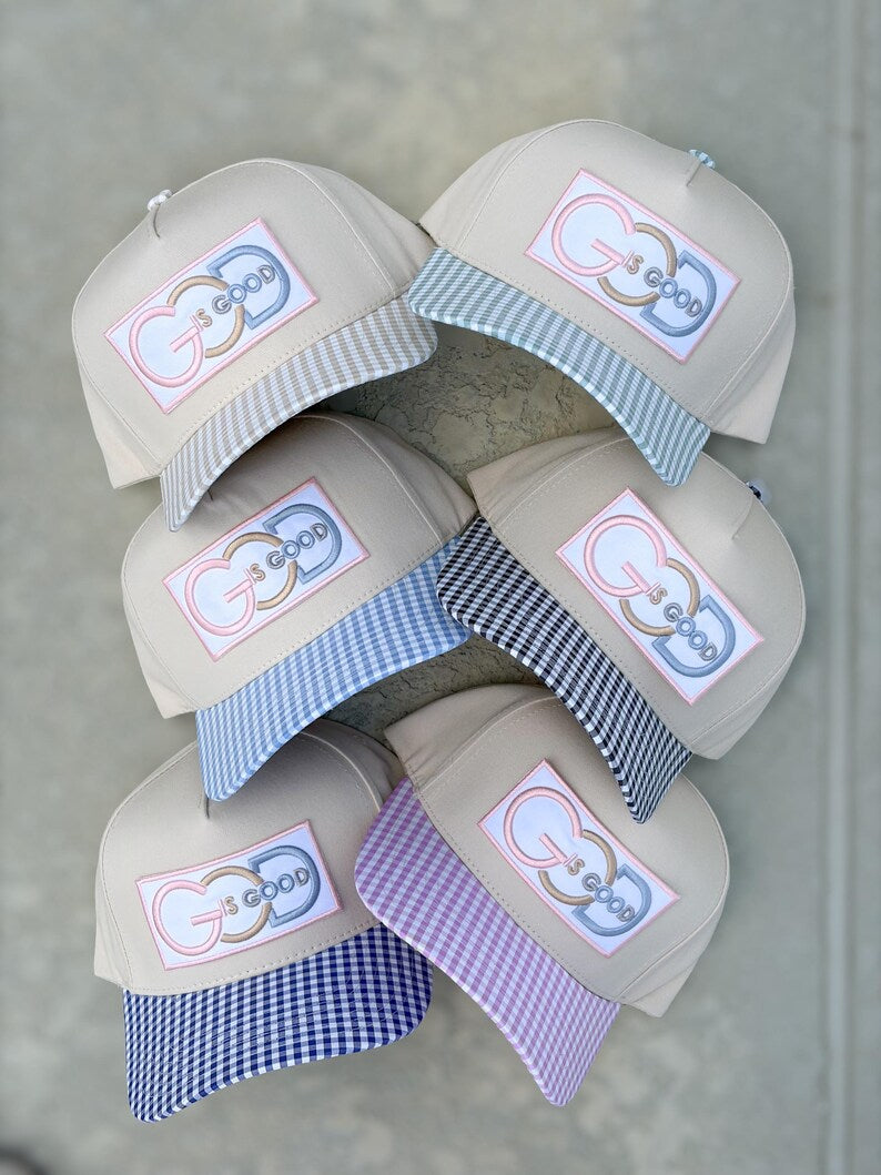 God Is Good Gingham Pattern Trucker Hat - Christian Embroidered Trucker Hat - Faith-Based Preppy Gingham Brim