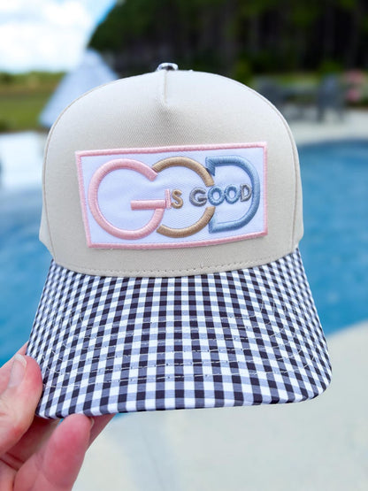 God Is Good Gingham Pattern Trucker Hat - Christian Embroidered Trucker Hat - Faith-Based Preppy Gingham Brim
