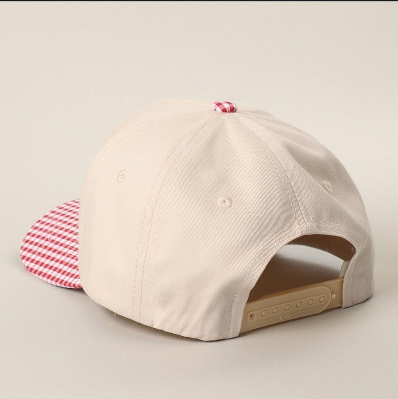 God Is Good Gingham Pattern Trucker Hat - Christian Embroidered Trucker Hat - Faith-Based Preppy Gingham Brim