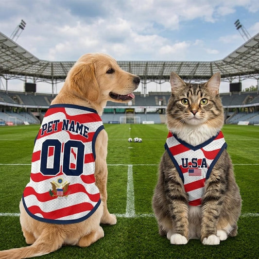 Custom USA Pet Jersey, Personalized Outfit for Dogs Cats, World Cup Pet Mess Jersey Name Number Sportswear Pet Jersey