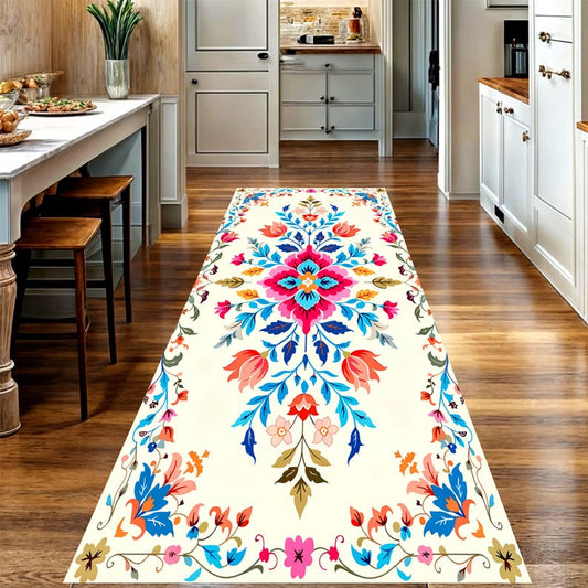 Colorful Floral Runner Rug: Cream Folk Flower Hallway Carpet, Non-Slip Machine-Washable