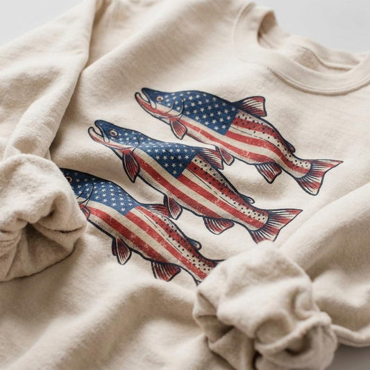 Retro American Flag Rainbow Trout 4th Of July Flyfishing Unisex Adult Crewneck Sweatshirt
