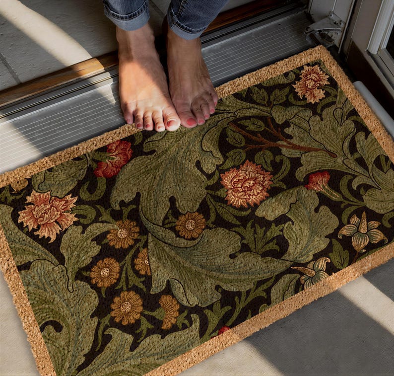 Floral Coir Doormat, Vintage Wildflower Rug, Housewarming Gift