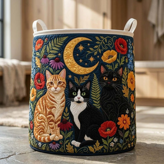 Personalized Floral Cat Quilted Laundry Basket: Cute Cats Foldable Hamper, Cat Mom Gifts