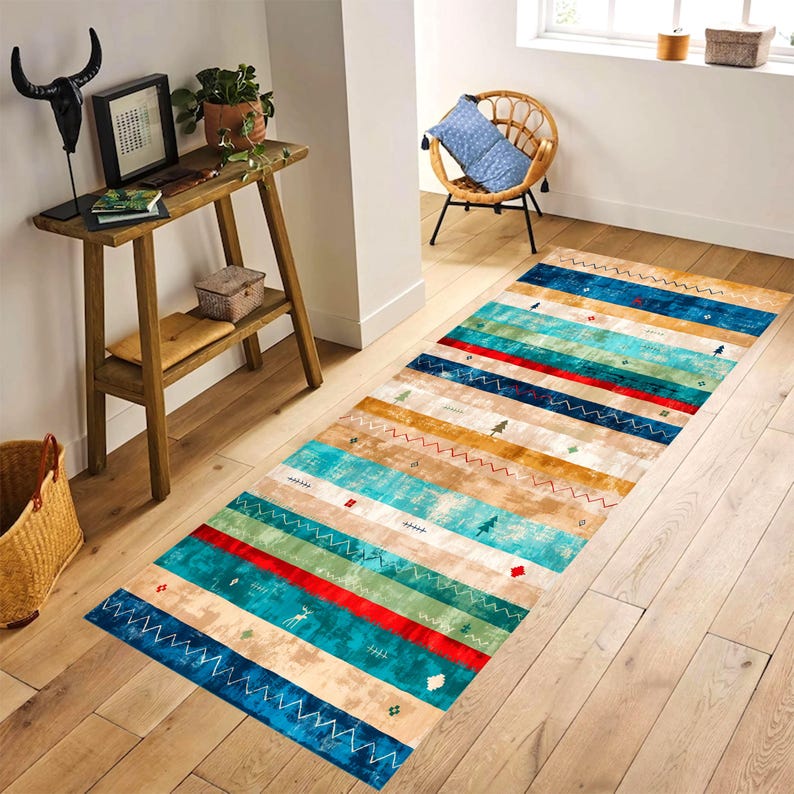 Southwestern Printed Runner Rug: Turquoise Striped Hallway Carpet, Machine-Washable Non-Slip