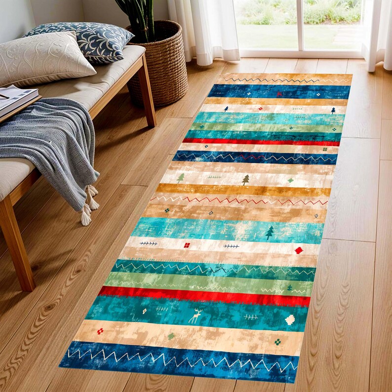 Southwestern Printed Runner Rug: Turquoise Striped Hallway Carpet, Machine-Washable Non-Slip