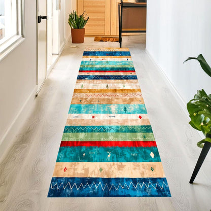Southwestern Printed Runner Rug: Turquoise Striped Hallway Carpet, Machine-Washable Non-Slip