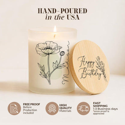 Personalized Birth Flower Candle, Printed Glass, Custom Name Gift for Her, Mom, Sister, Daughter